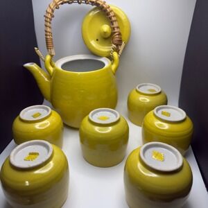 Vintage OMC Japan Yellow Speckled Ceramic Teapot & 6 Tea Cups Set Bamboo Handle
